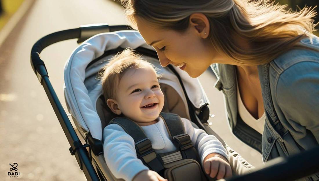Od kiedy używać wózek spacerowy? Uśmiechnięta mama z dzieckiem nachyla się nad spacerówką, gotowi na wspólne spacery.